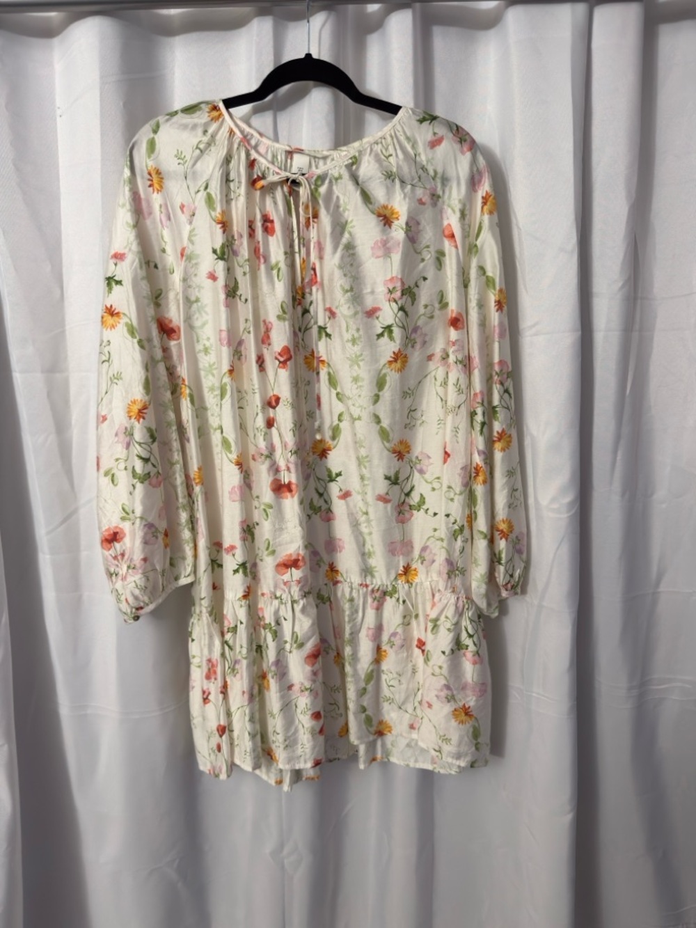 H&M Cream Floral Tie-Front Dress with Pink, Green & Purple Details
